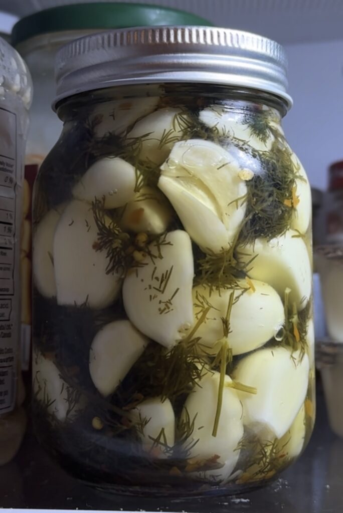 Pickled garlic in vinegar solution