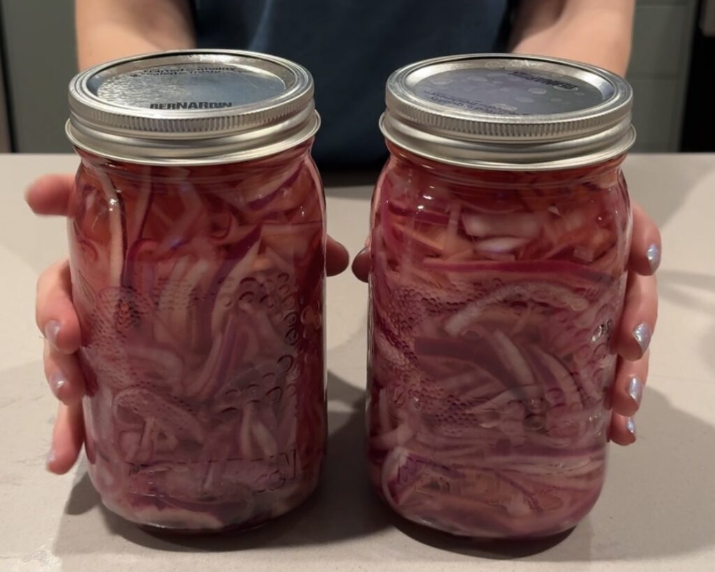 Pickled red onions in vinegar solution